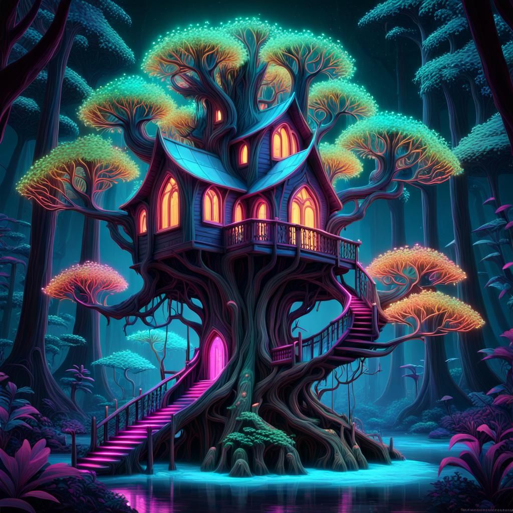 Bioluminescent stylized treehouse