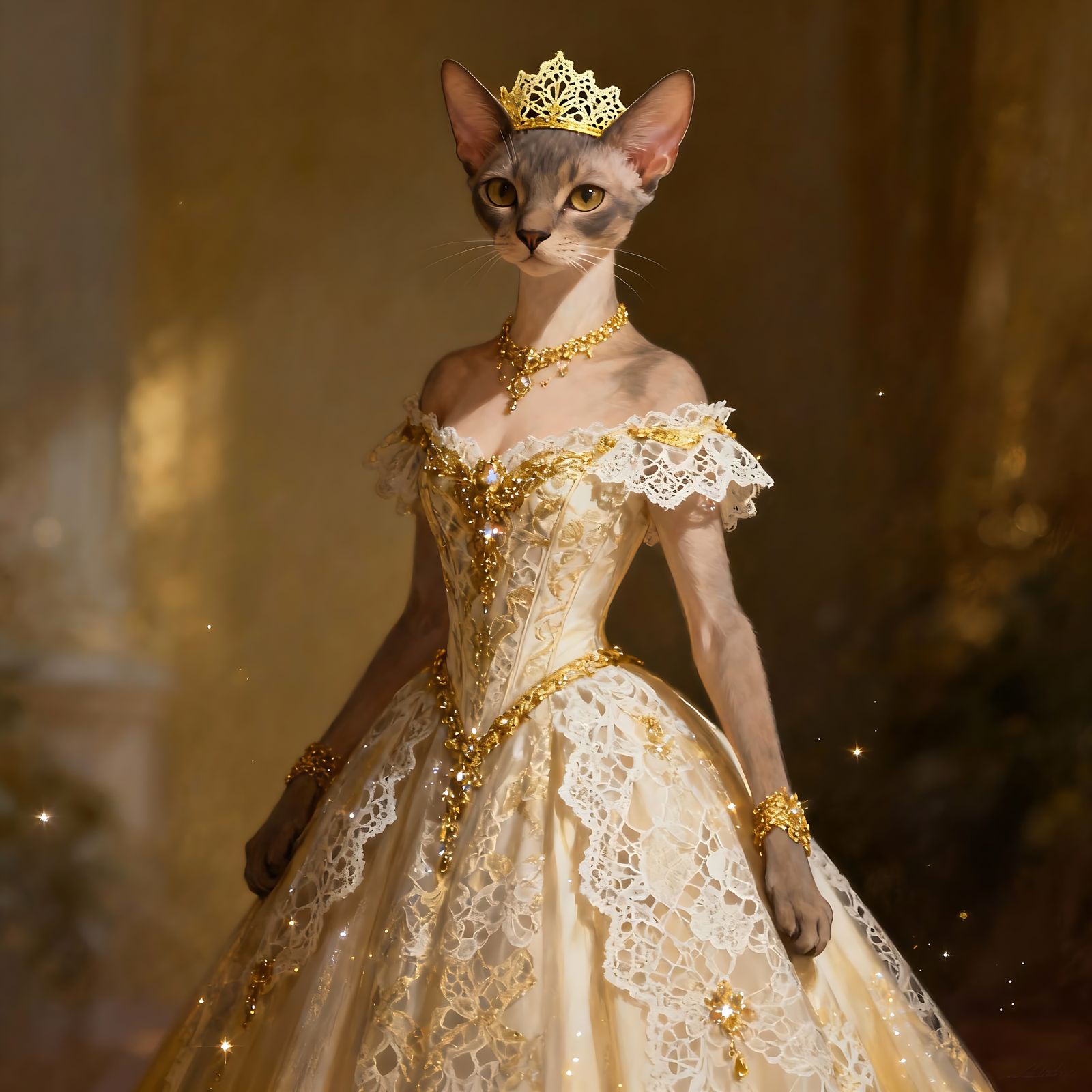 Elegant Cat Princess in Gown with Golden Tiara