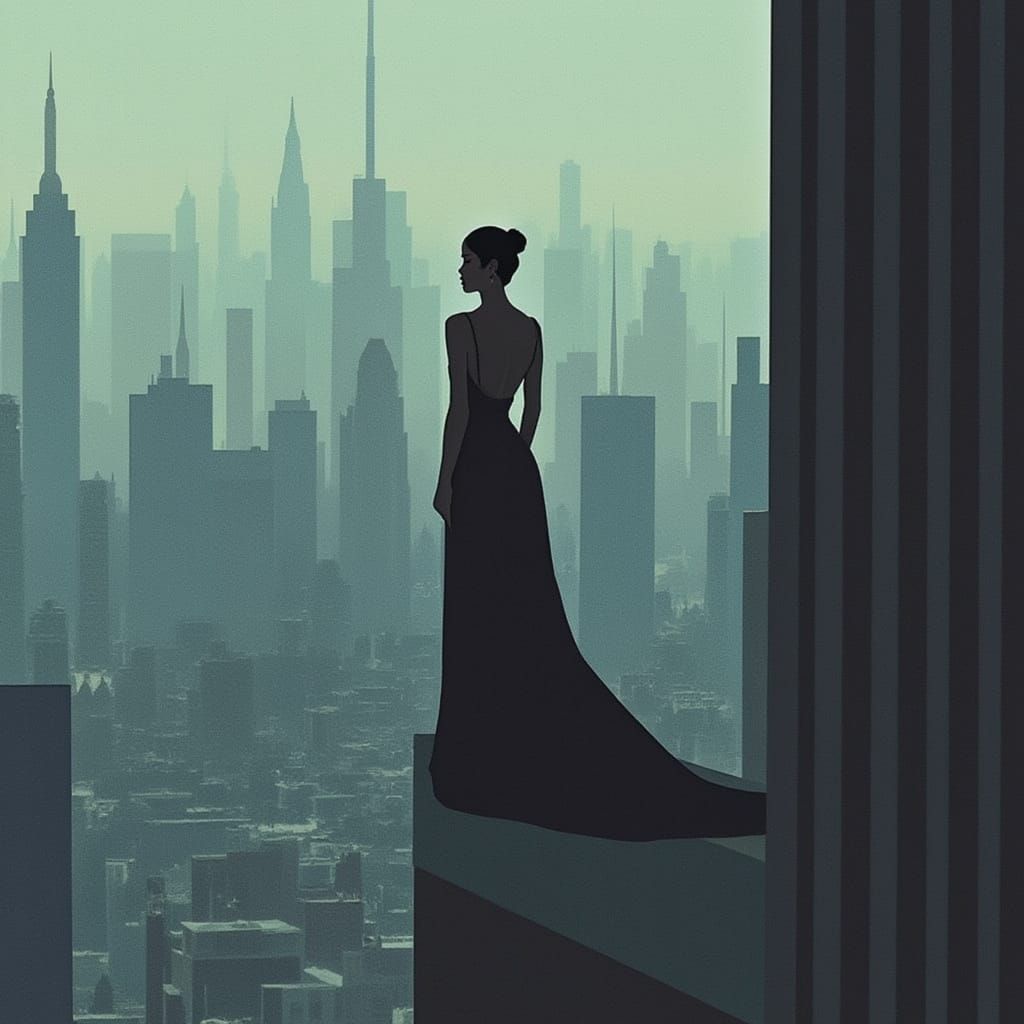 Elegant Woman Overlooking Cityscape in Film Noir Style