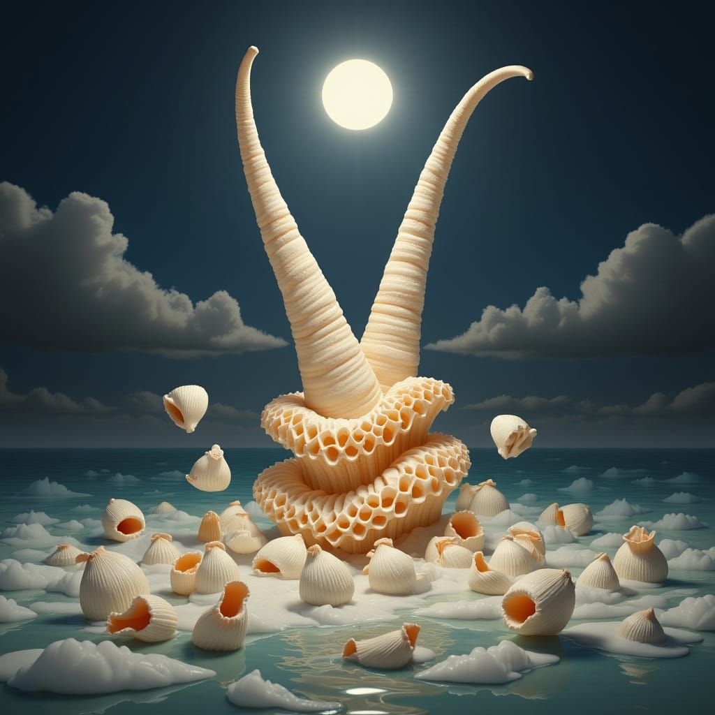 Surreal Shell Art Under Dramatic Sky