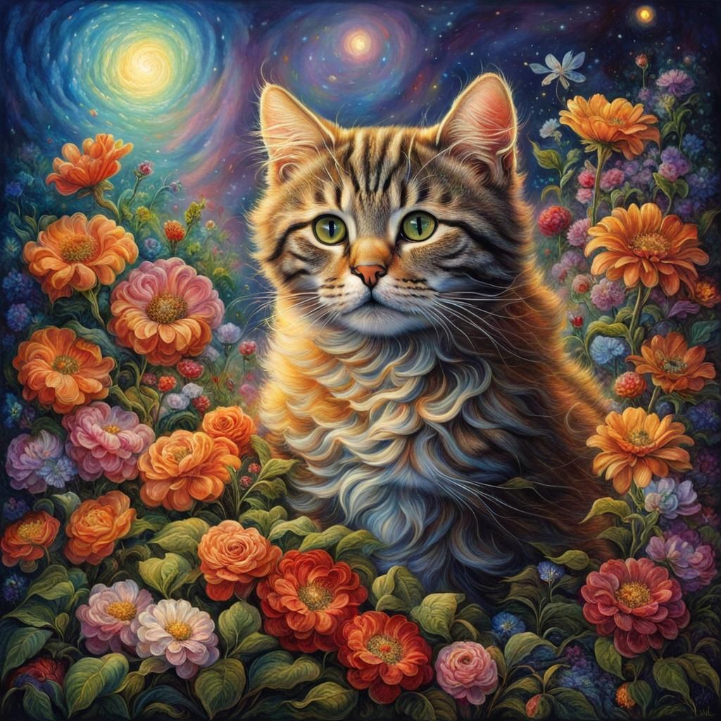 Cat Surrounded by Flowers in Fantasy Art Style