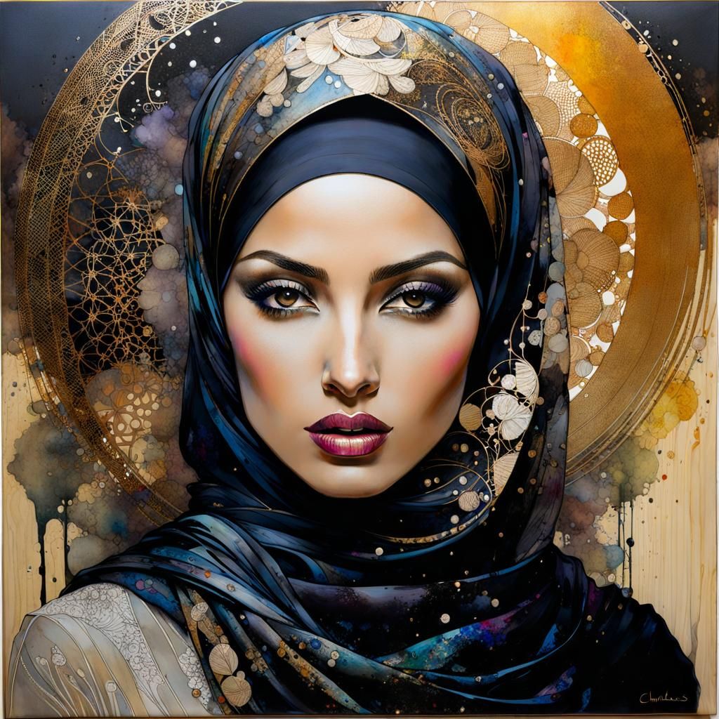 Smokey Hijabi Woman Portrait in Watercolor Style