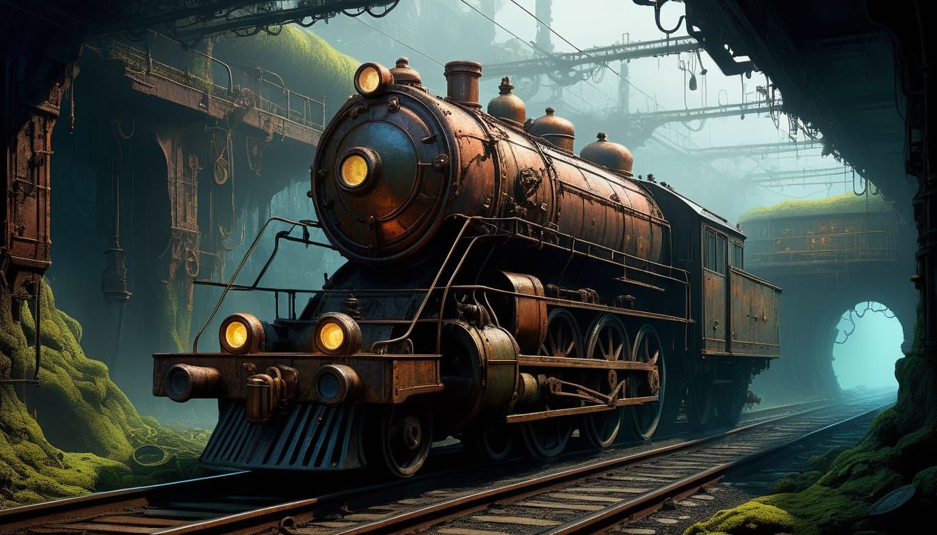 Steampunk Underwater World with Fossilized Locomotive and Ab...