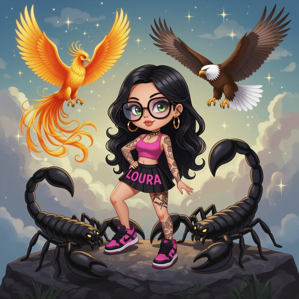 Chibi Woman, Scorpion, and Mythical Birds