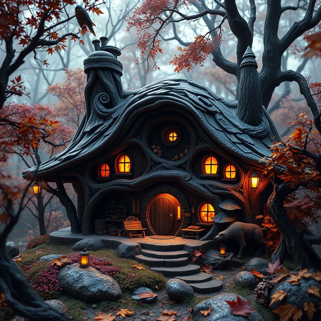 Detailed Wood Relief of Hobbit Home in Autumn Forest