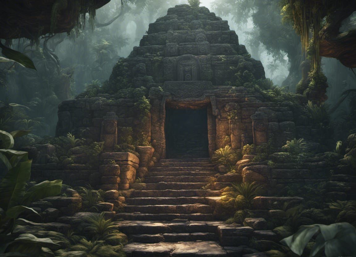 Mayan Stone Hearth in Jungle, Dark Fantasy Art
