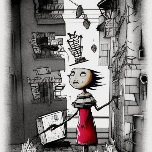 Creepy Girl in Haunted City, Miyazaki-esque Style