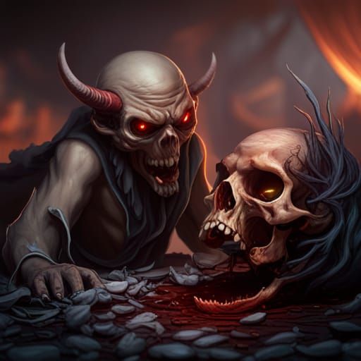 Detailed Demon Eating from Skull: Fantasy Art