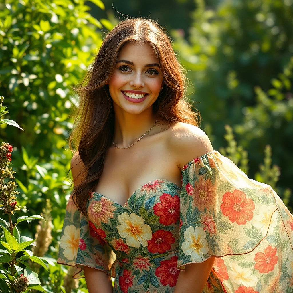 Woman with Floral Dress in Art Nouveau Style