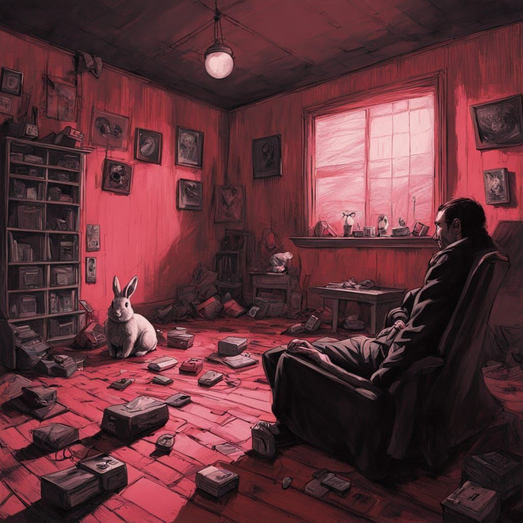 Evil Pink Bunny with Remote in Dark Playroom