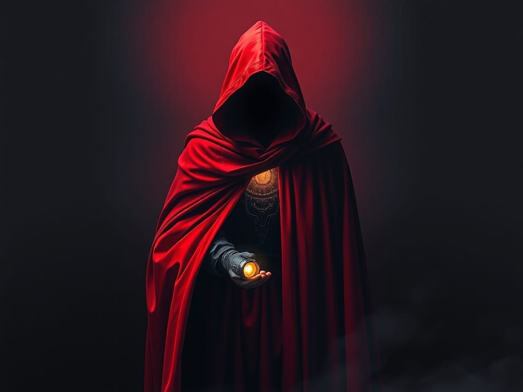 Dark Figure in Crimson Cloak, Surreal Dreamscape