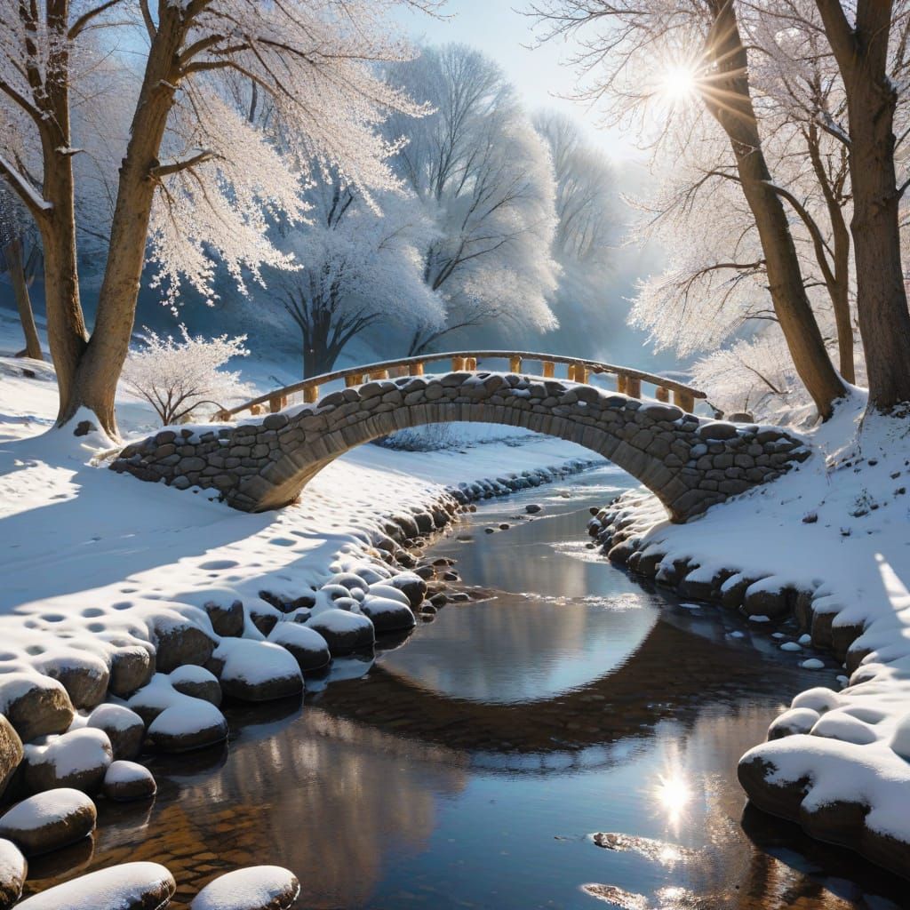 Snowy Rustic Bridge Over Reflective Winter Brook