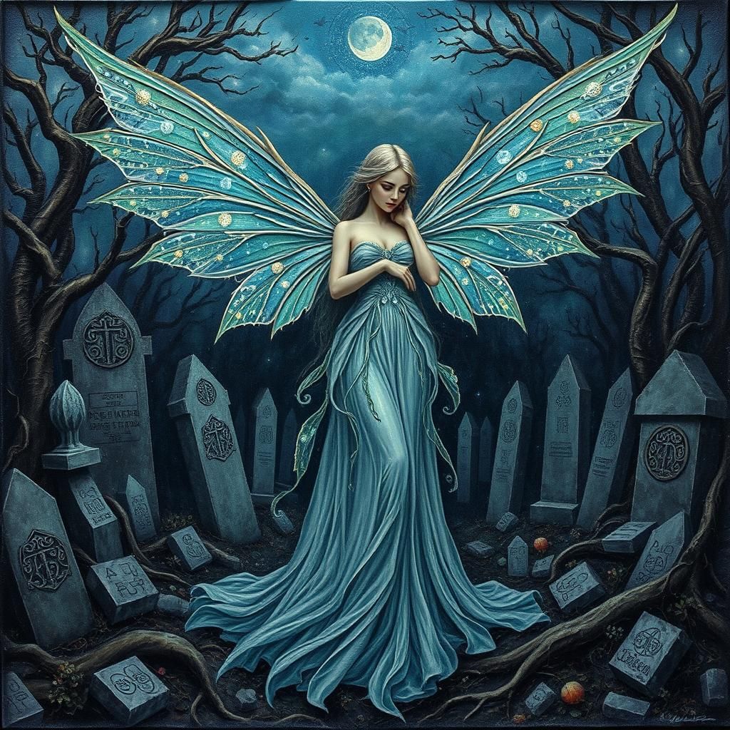 Ethereal Fairy Elf in Spooky Impasto Cemetery Scene
