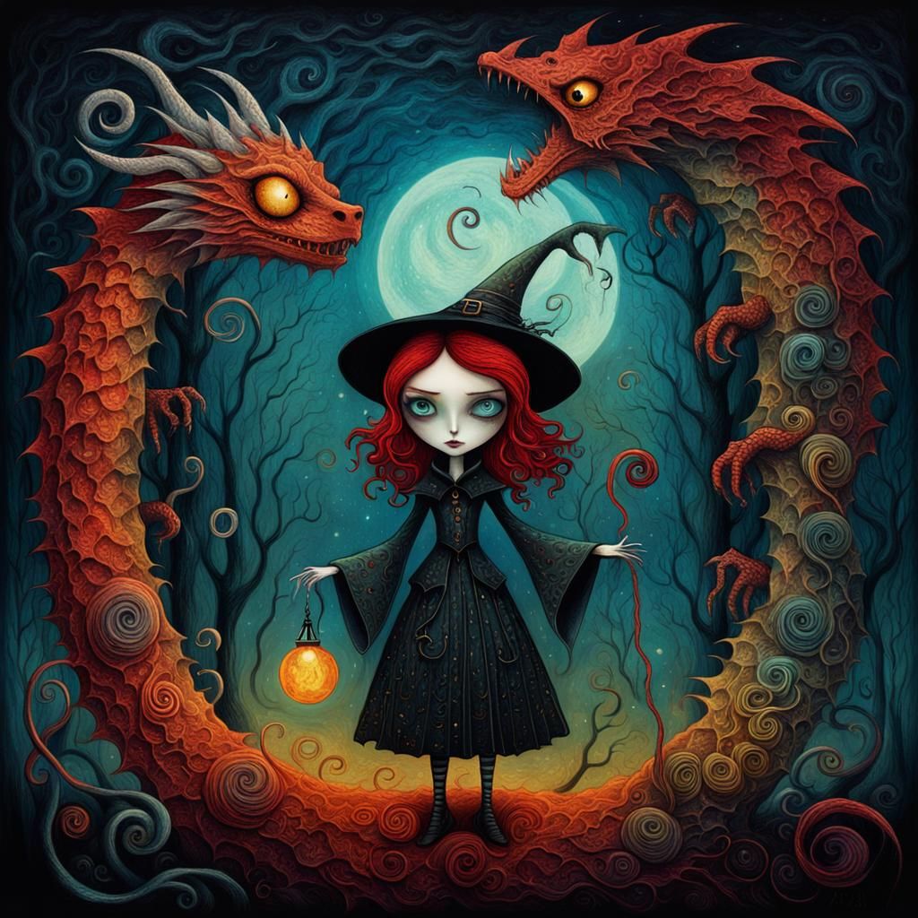 Gothic Witch Summons Dragon in Burton-esque Fairytale