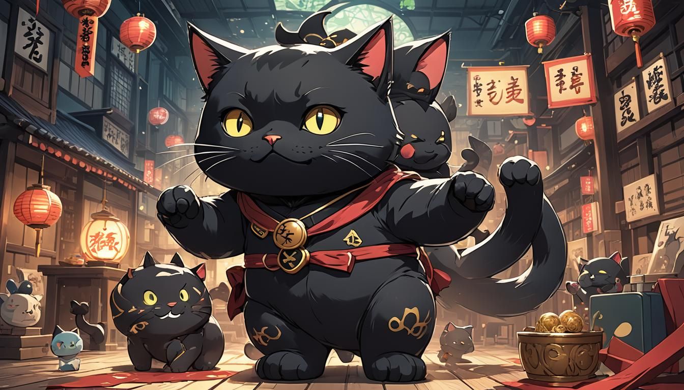 Anime Style Black Lucky Cat Illustration