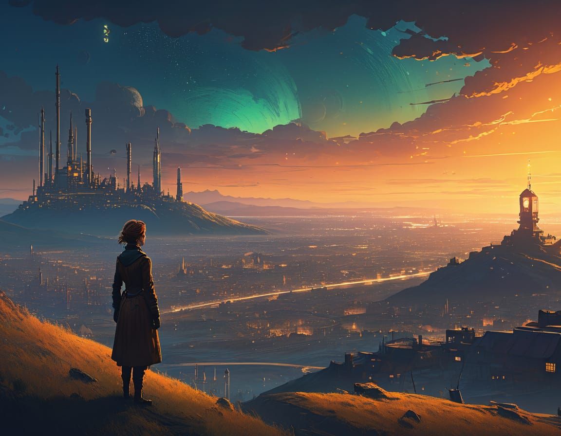 Steampunk Cityscape at Golden Hour, Concept Art