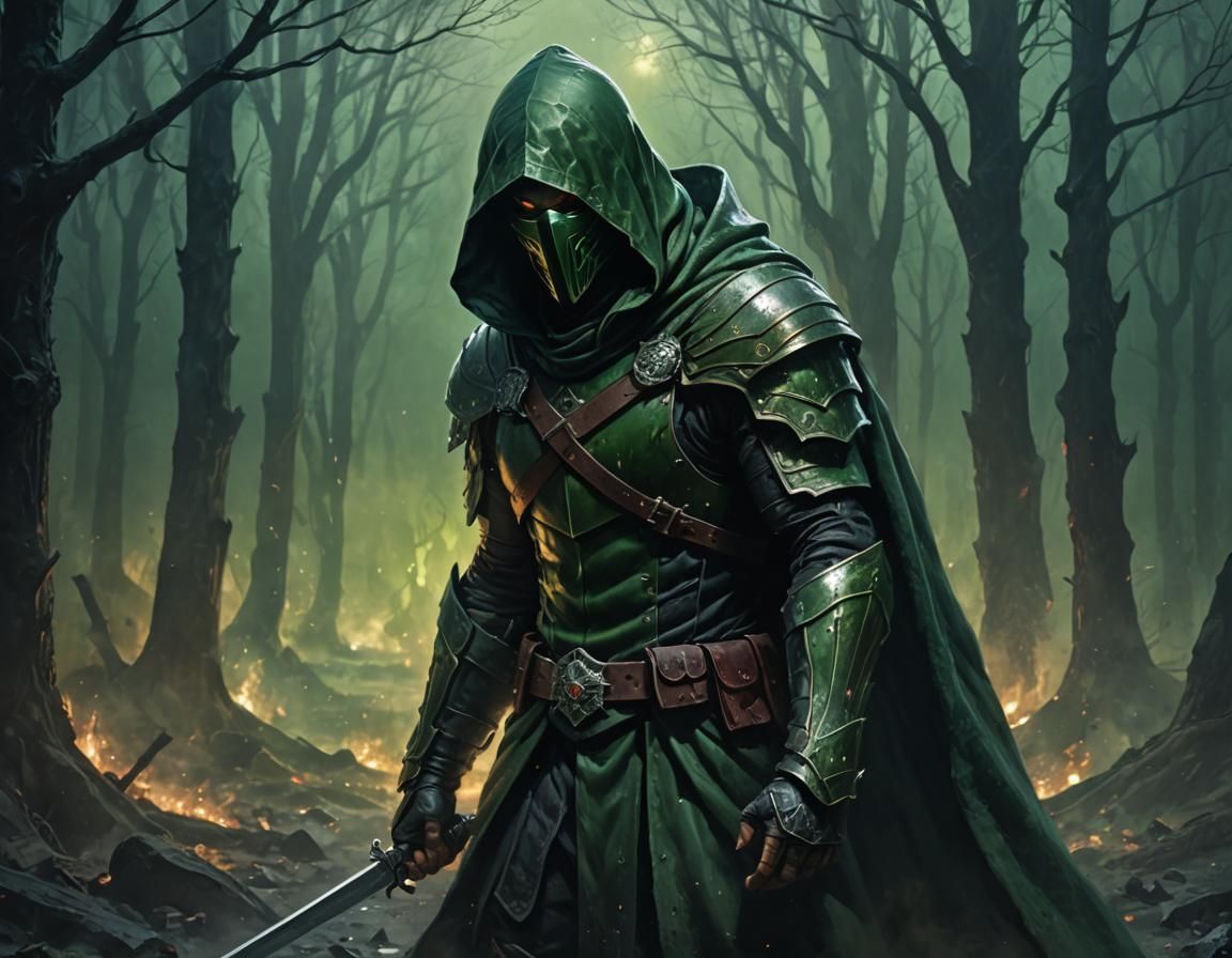Green Assassin in Shadowy Dark Fantasy Art