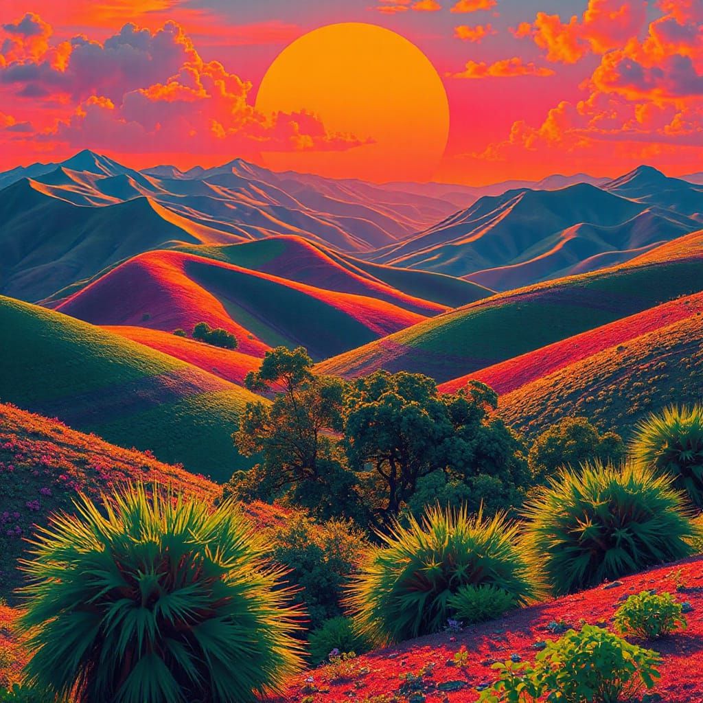 Vibrant Neon Landscape in Retro-Futuristic Style