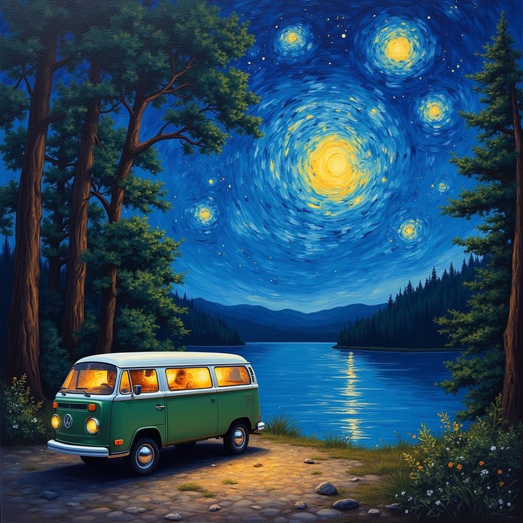 Vintage VW Van Under Starry Night Sky by the River