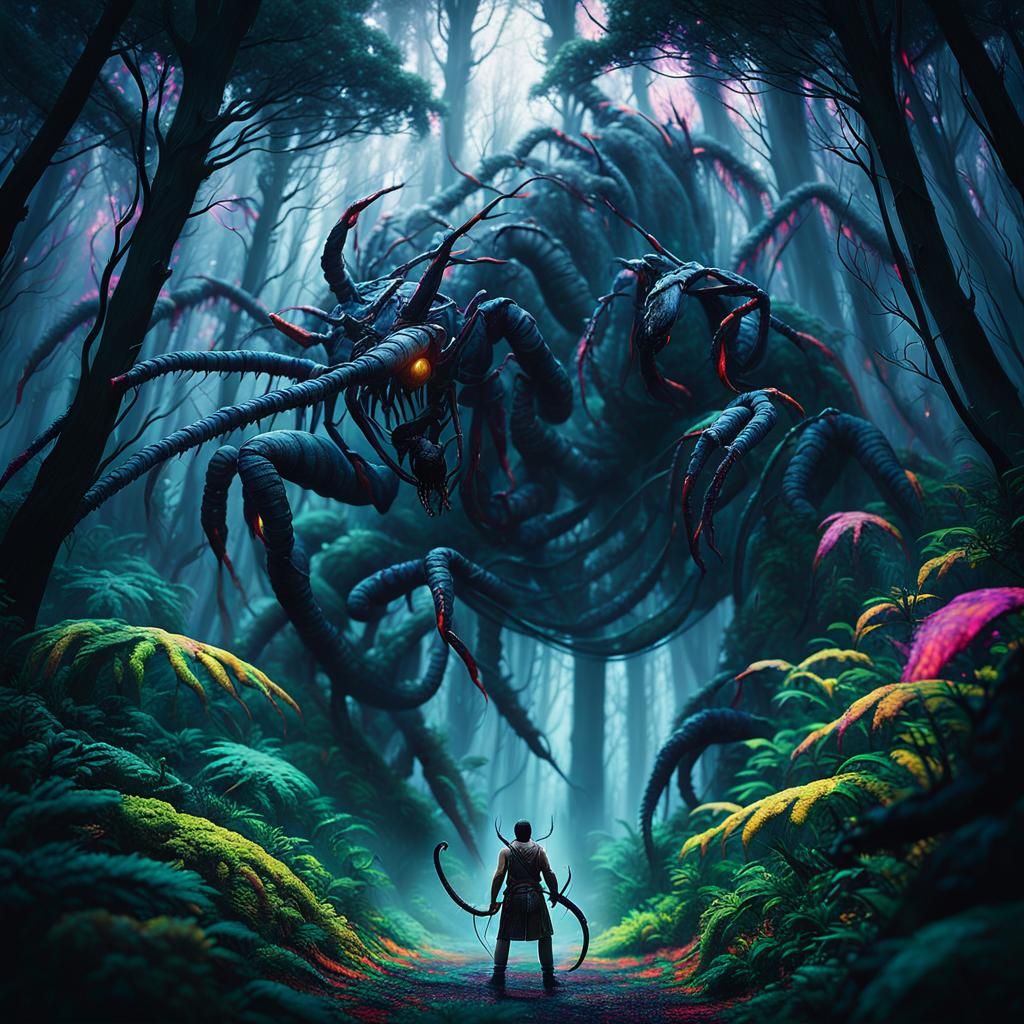 Maori Warrior Battles Scorpion in Misty Forest