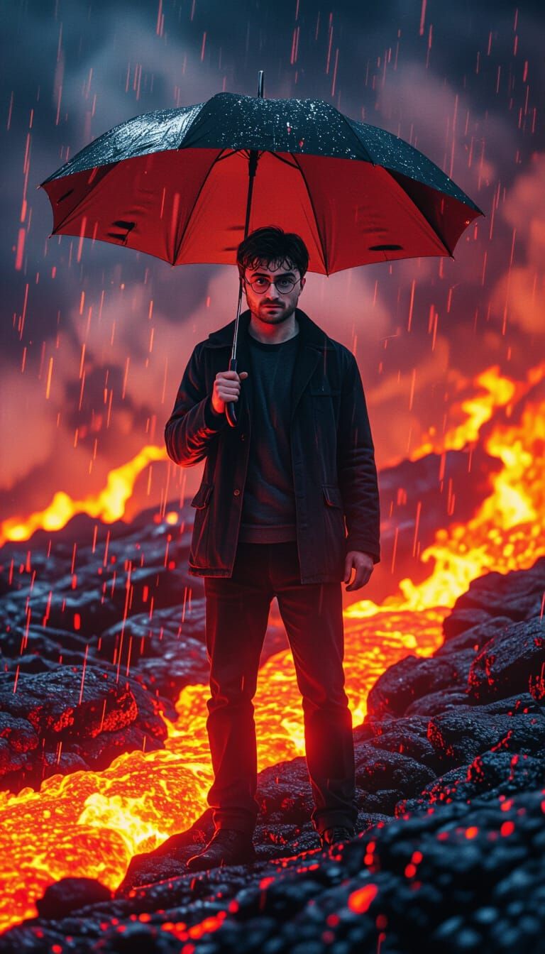 Man with Umbrella in Lava Flowing, Dystopian Graffiti Style