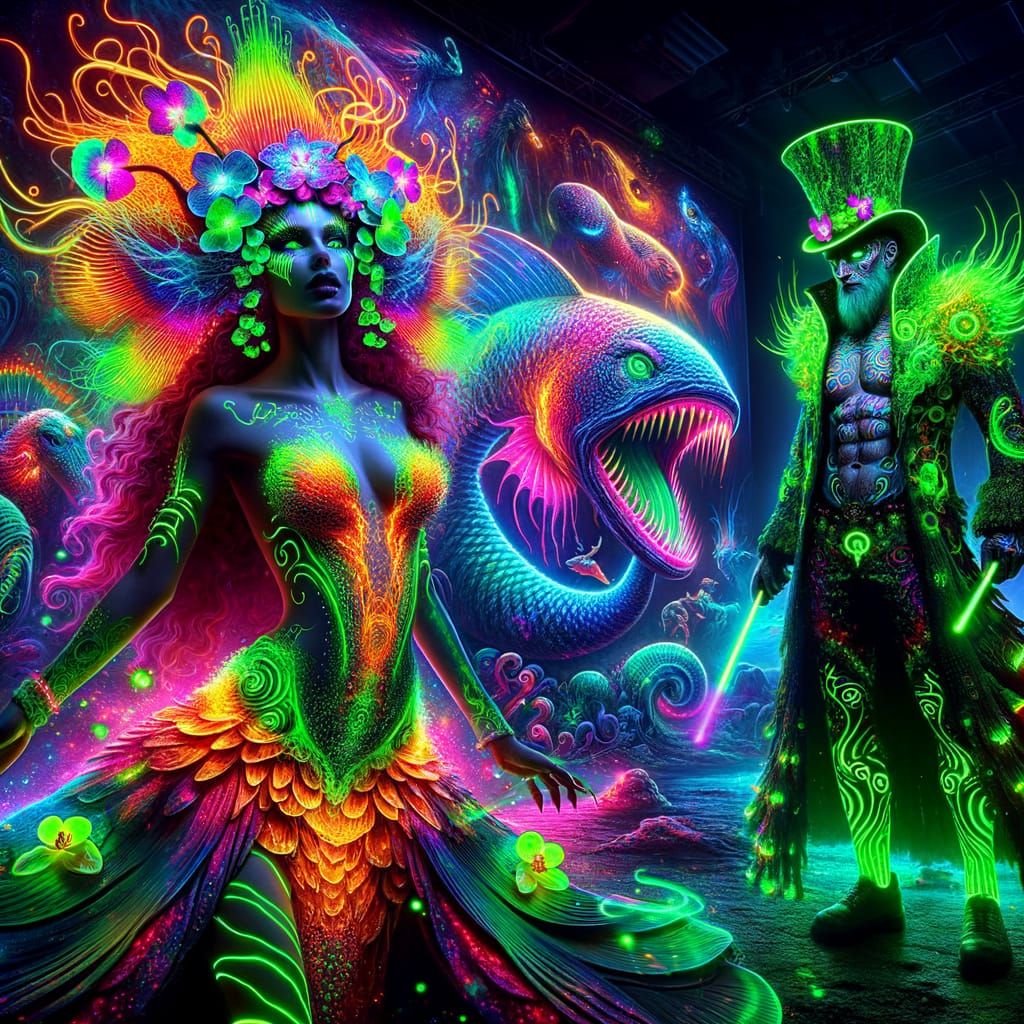 Neon Goddess in Futuristic Sci-Fi Aquarium