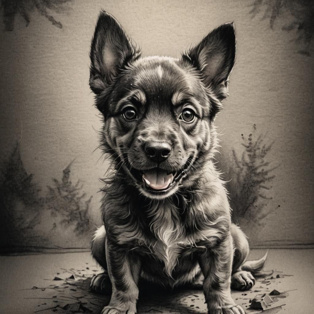 Hyperdetailed Charcoal Drawing of Smiling Chibi Dog