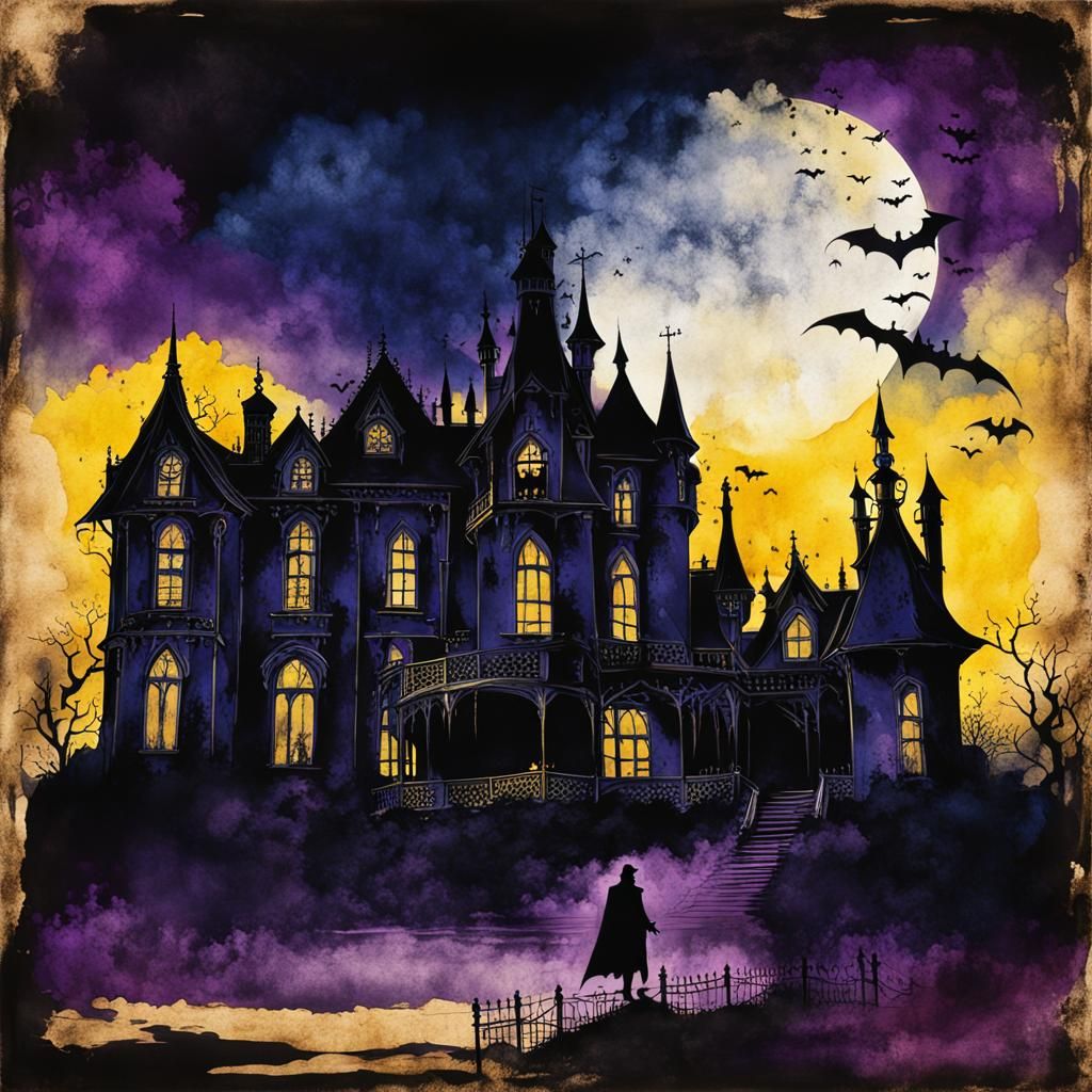 Dark Gothic Mansion Painting with Dracula Silhouette