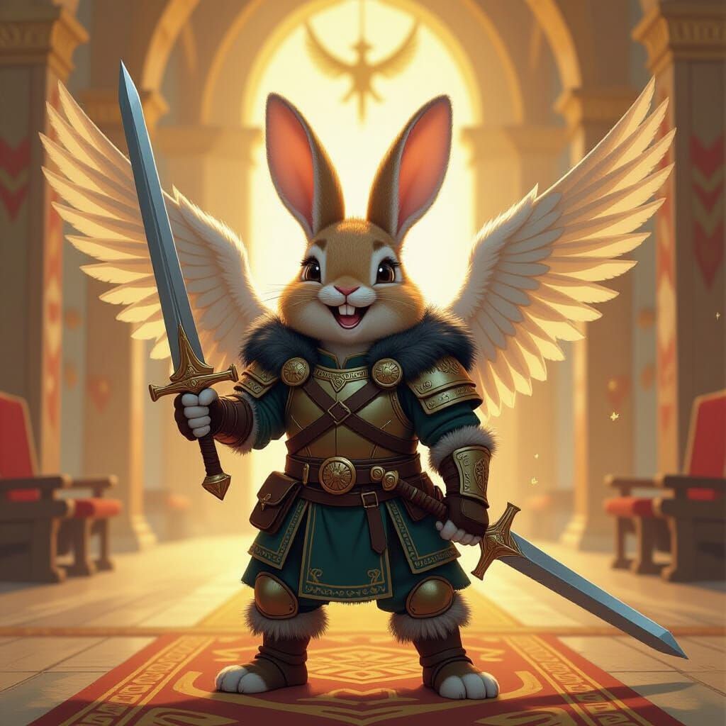 Viking Bunny Valkyrie in Golden Valhalla, Digital Art
