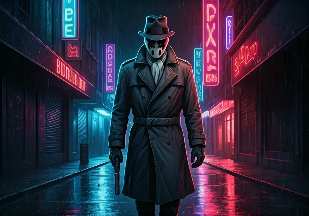 Rorschach in Noir Cityscape with Neon Reflections