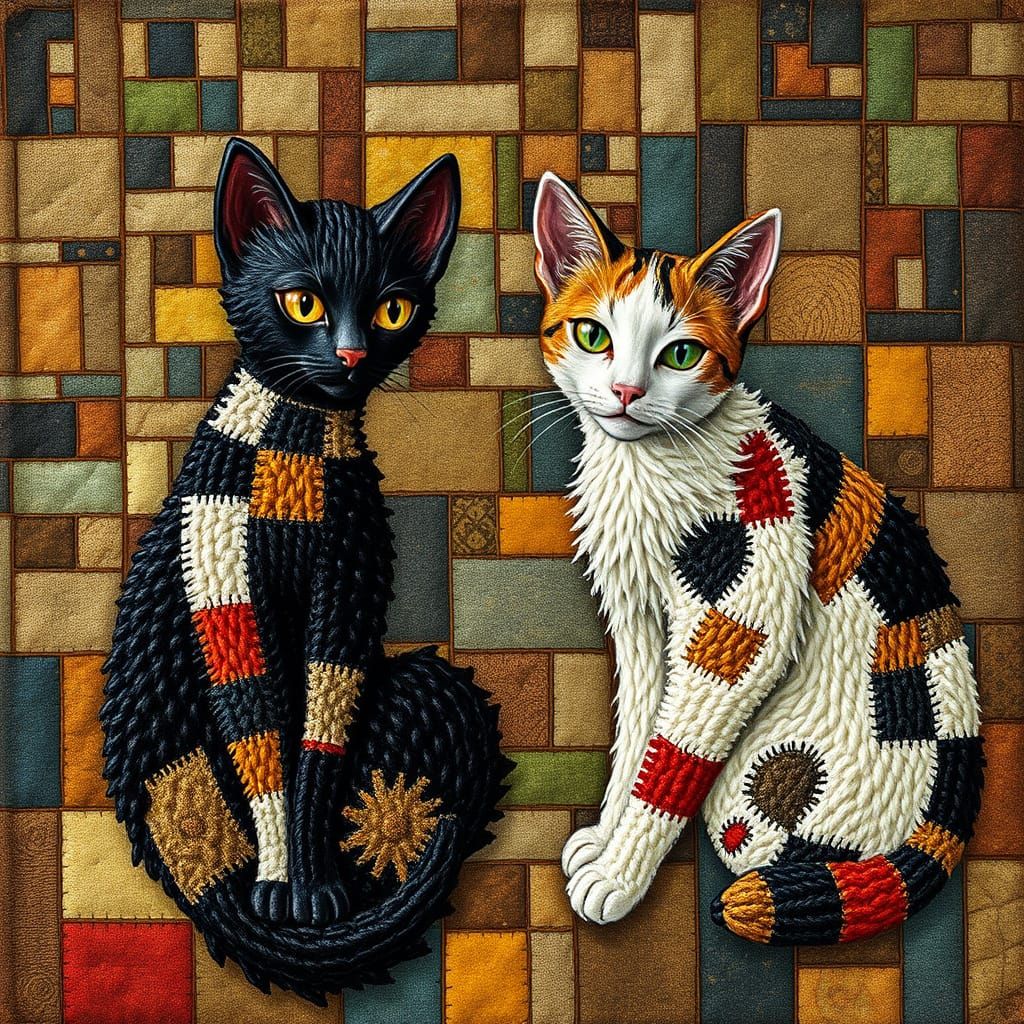 Patchwork Woolen Cats in Neo-Impressionist Style