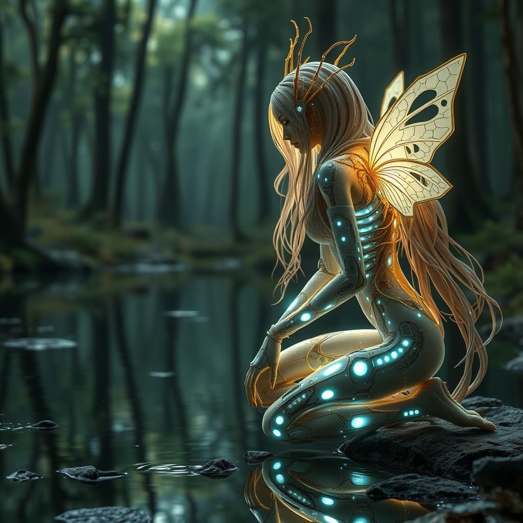 Mithral Cyborg Reflects in Feywild Pool