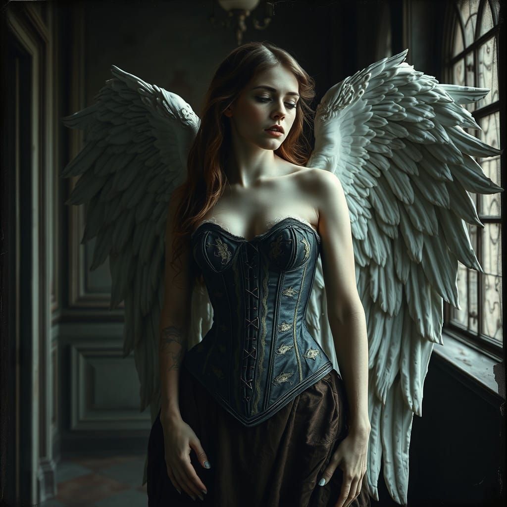 Surreal Baroque Angel in Corset, Isolated in a Dark Asylum