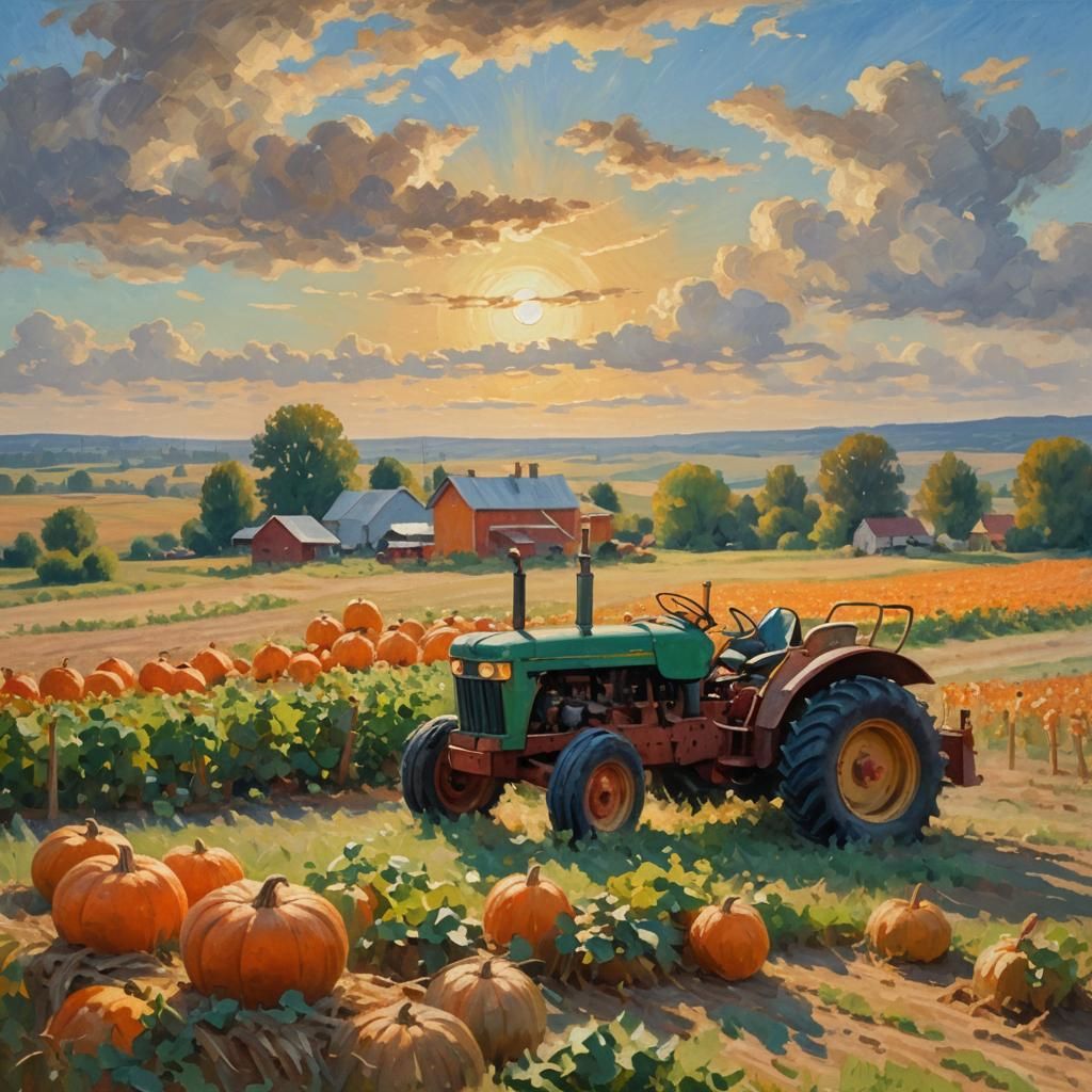 Tractor Hauling Pumpkin in Impressionist Style