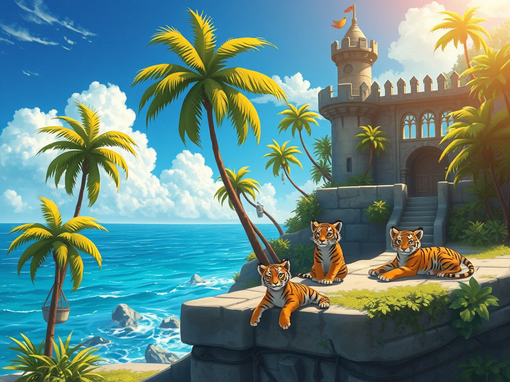 Tiger Cubs Play at Ocean Fortress, Miyazaki Style