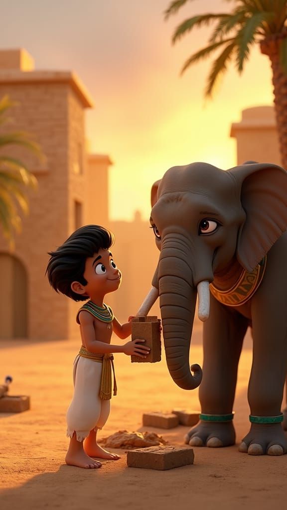 Egyptian Boy Helps Elephant in Disney Pixar Style