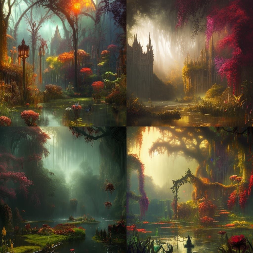 Romantic Gothic Water Garden at Sunset