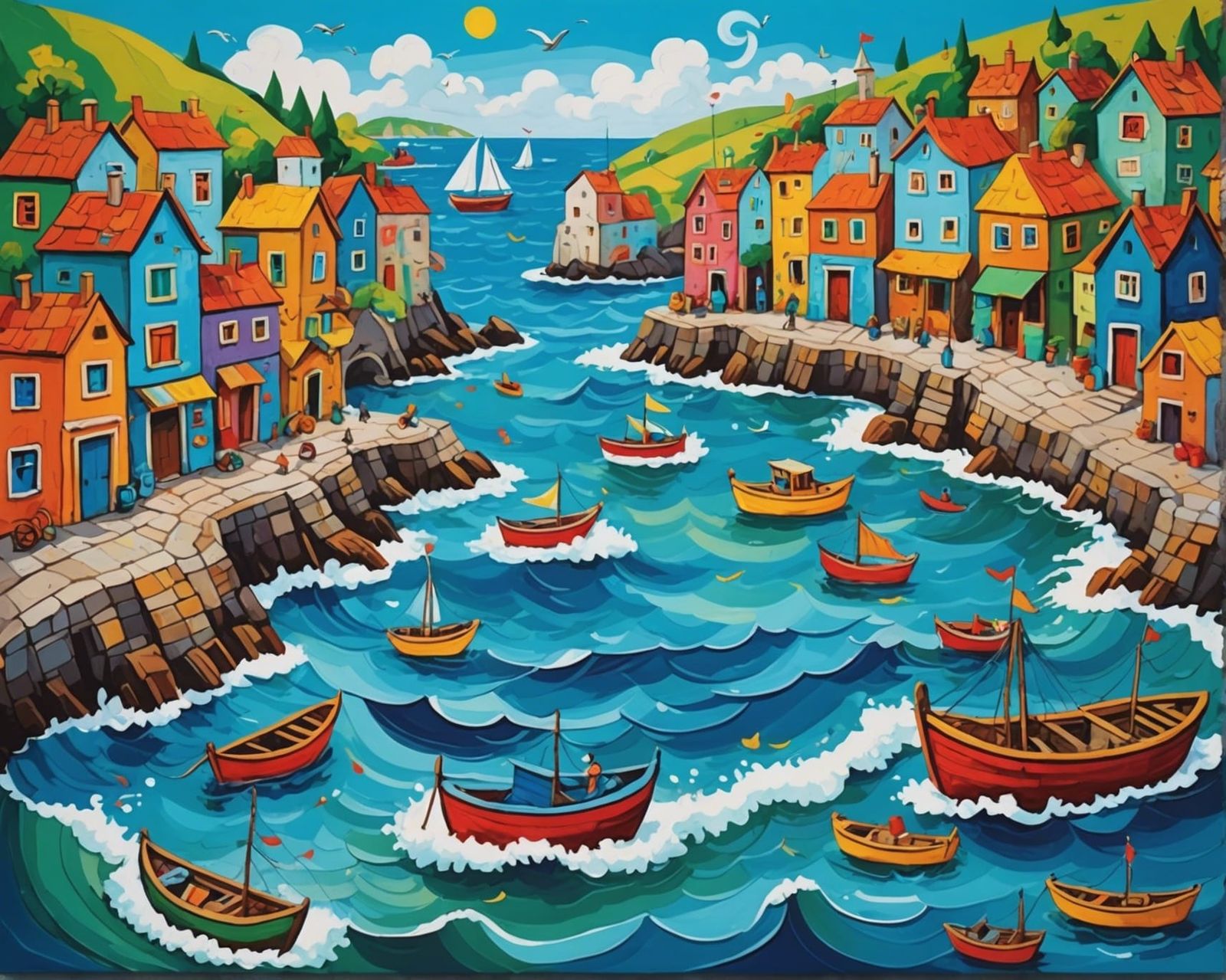 Magical Seaside Settlement in Childlike Abstract Style