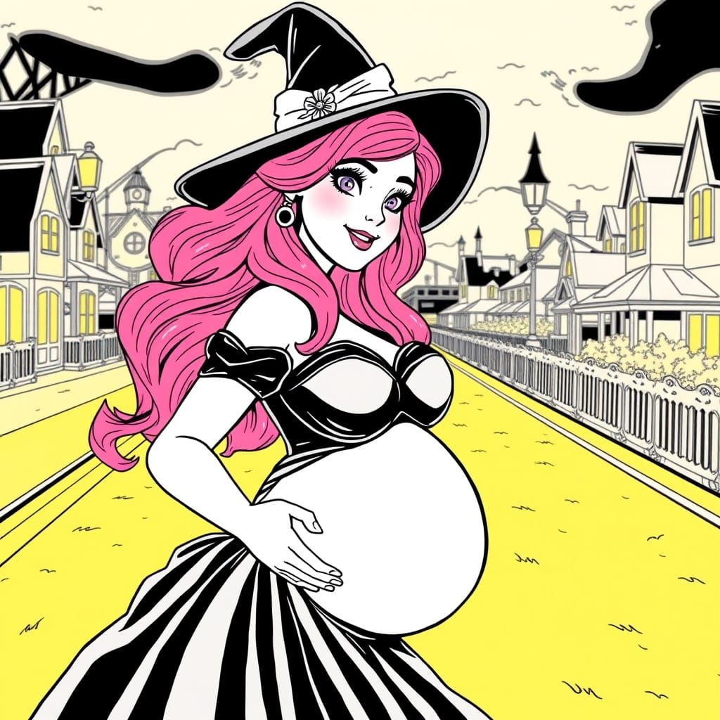 Pregnant Pink Haired Woman in Cyberpunk-Inspired Black and W...