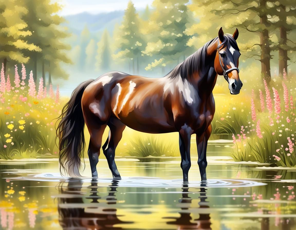 Horse Reflection in Lake: Tranquil Summer Landscape