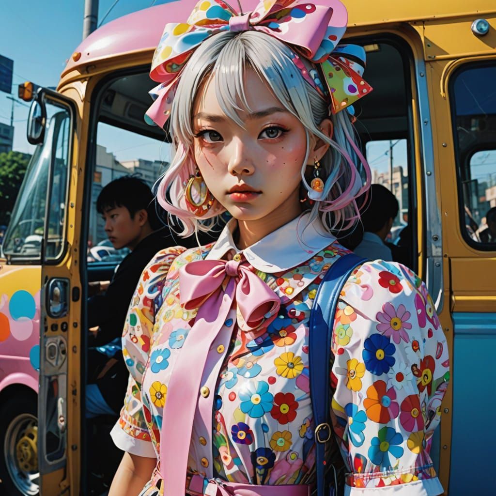 Vibrant School Bus Scene in Pastel Hues