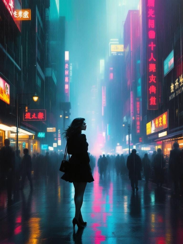 Neon Noir Cityscape with 1950s Pin-Up, in Atmospheric Style