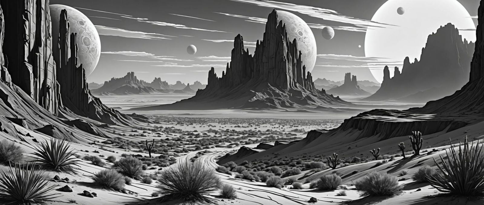 Sci-Fi Desert Planet in Black and White Line Art