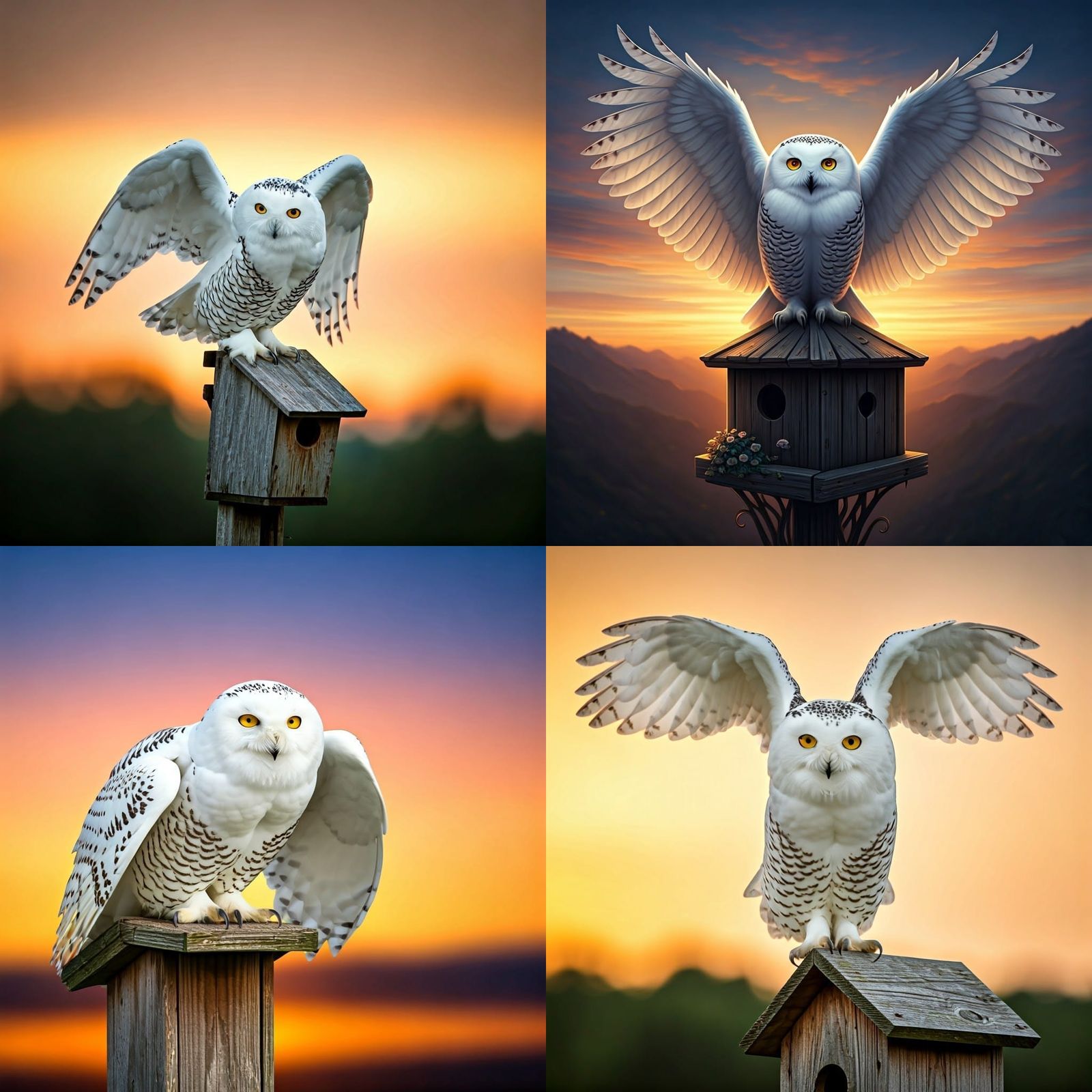 White Owl Sunset Landing on Birdhouse