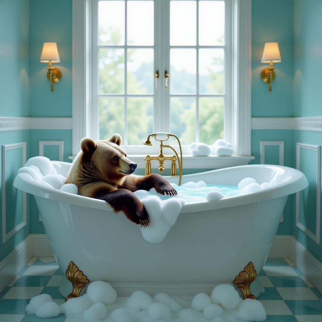 Mother Bear Relaxing in Opulent Bathtub