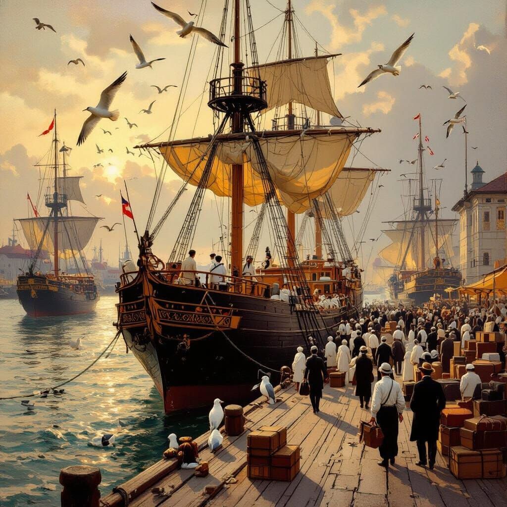 1860 Singapore Dock Scene with Sailors and Passengers