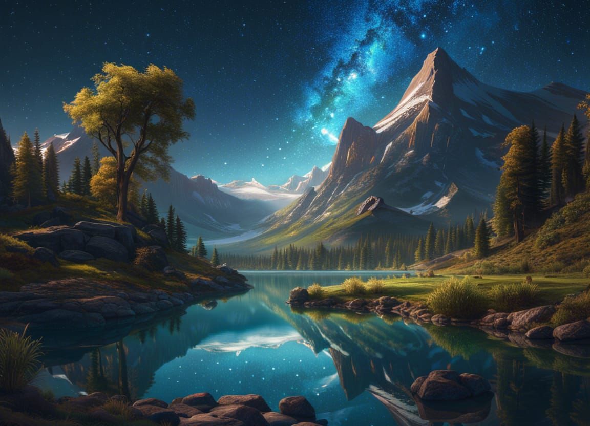 Paradise Landscape with Starry Galaxy