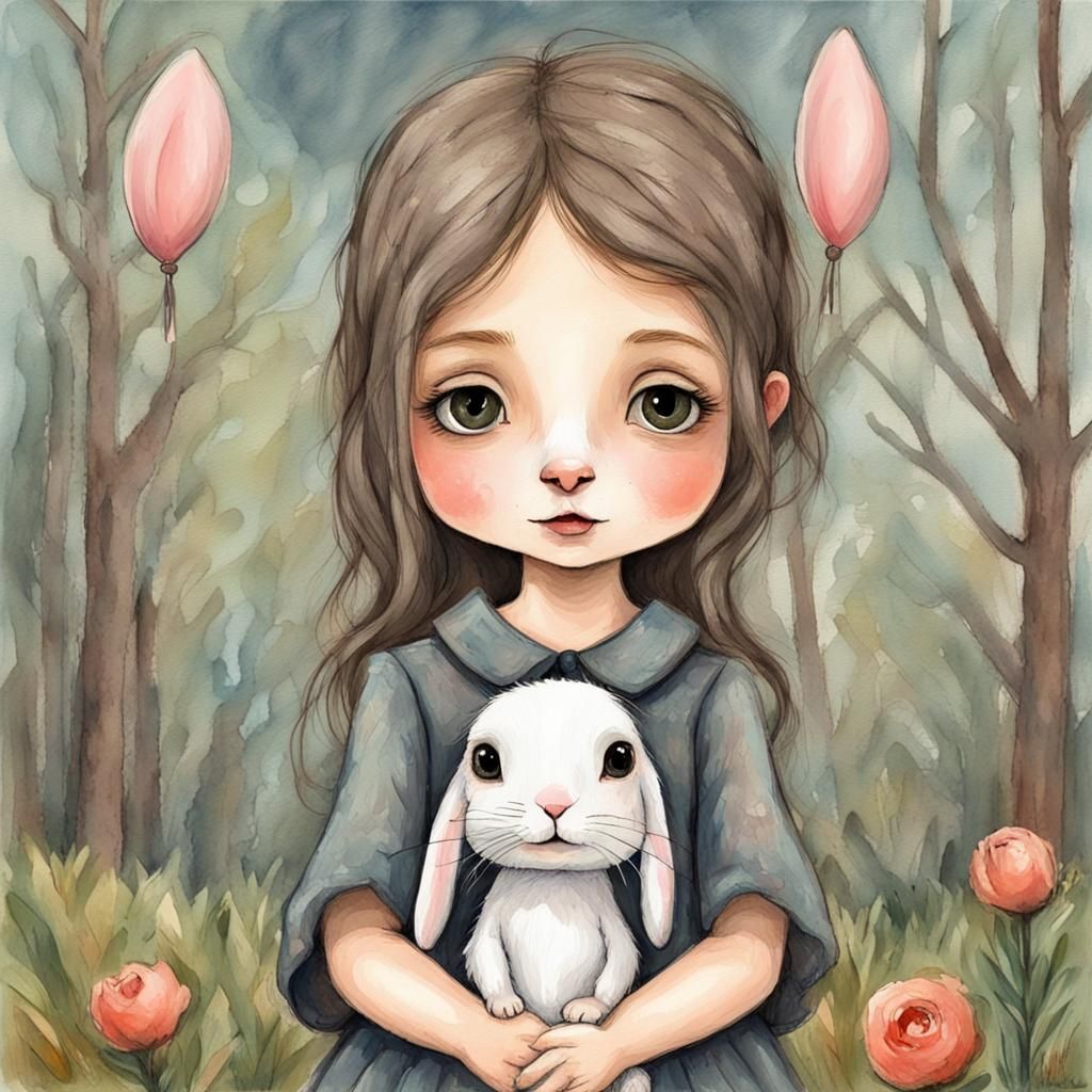 cutest chibi girl with bunny. Edward Gorey Style