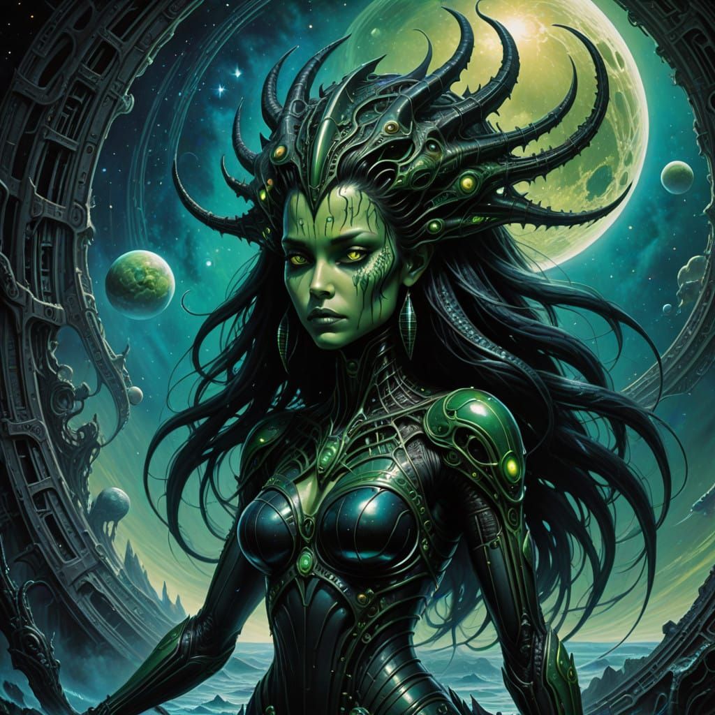 Iridescent Demon Mermaids in a Vibrant Nebula Galaxy