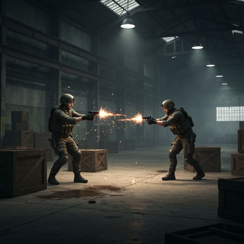 Dynamic Gunfight Scene in Dark Industrial Warehouse